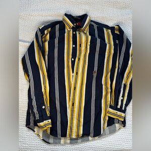 Vintage Tommy Hilfiger Men's Shirt - Navy, Yellow, White Stripes